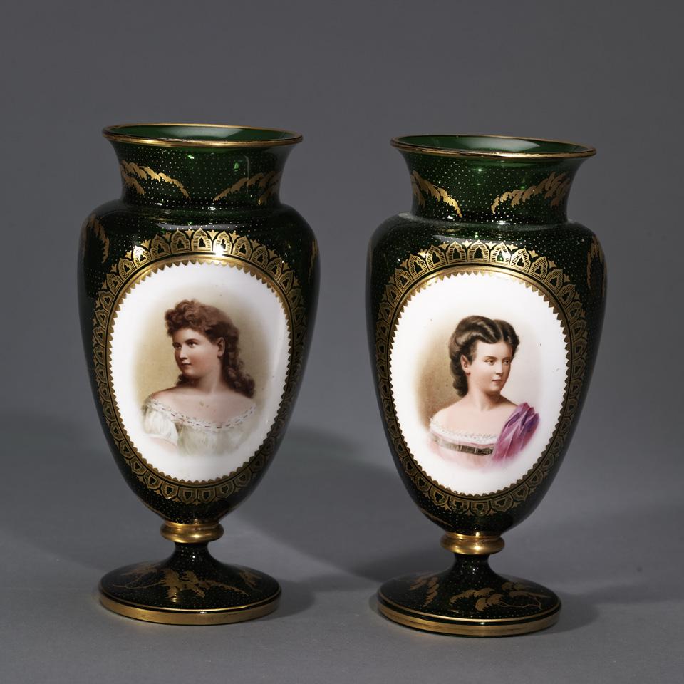 Pair of Bohemian Green Glass Portrait Vases, late 19th century