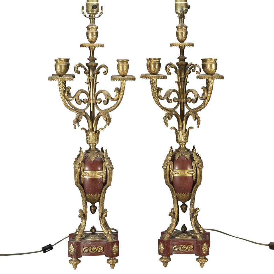 Pair of French Rouge Griotte Marble Mounted Gilt Bronze 5 LIght Candelabra, 19th century