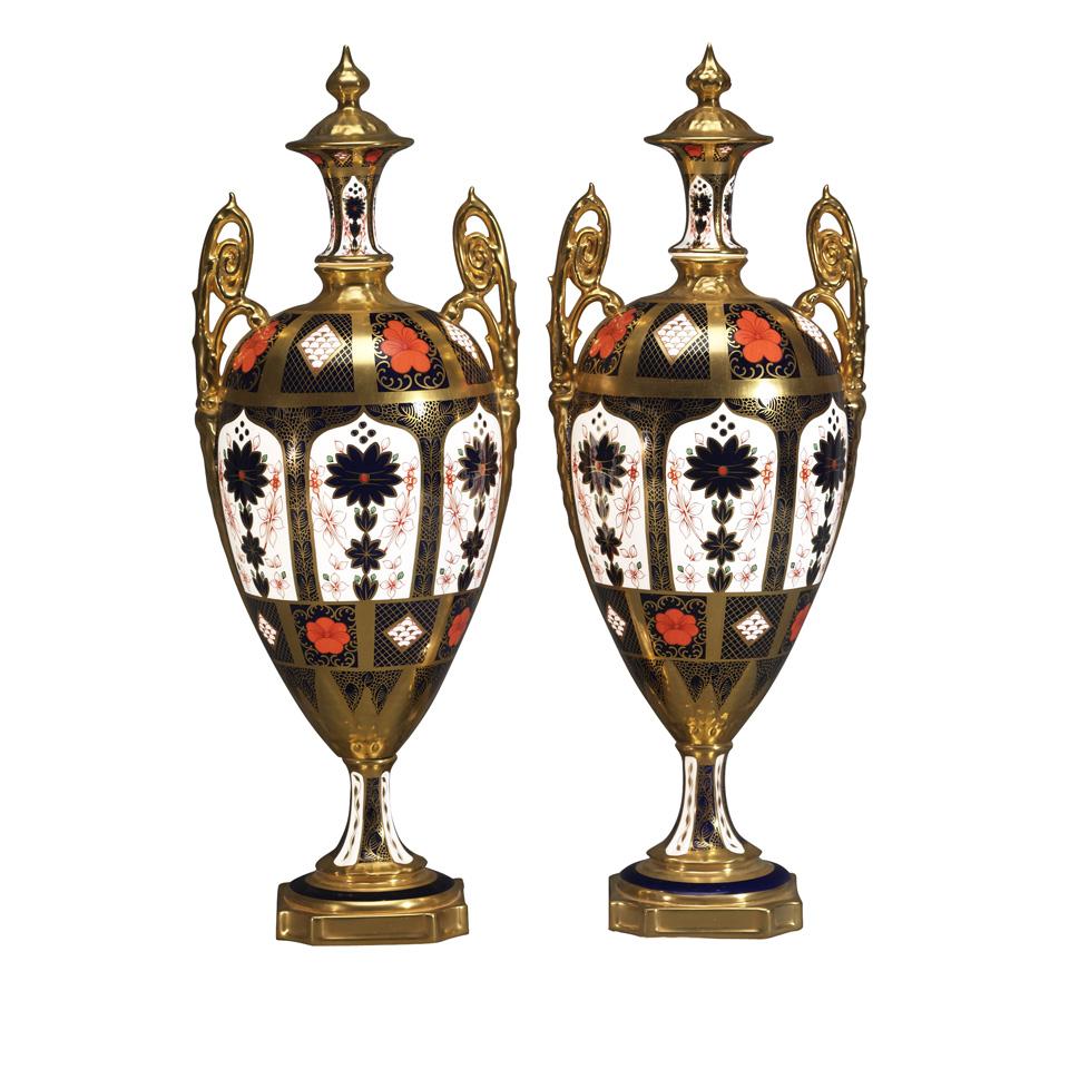 Pair of Royal Crown Derby Old Imari (1128) Pattern Large Urns, 1976/78