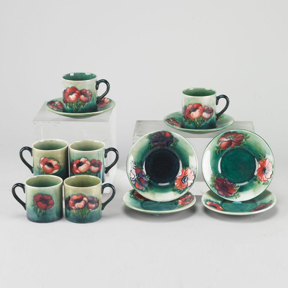 Six Moorcroft Anemone Coffee Cans and Saucers, c.1955