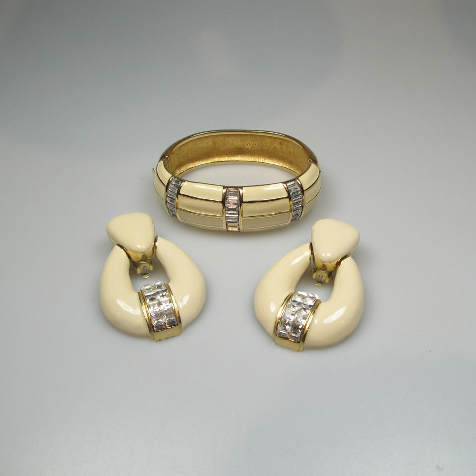 Swarovski Gold Tone Metal Hinged Bangle And Earrings