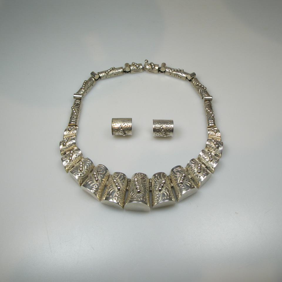Mexican Silver Necklace And Screw-Back Earrings