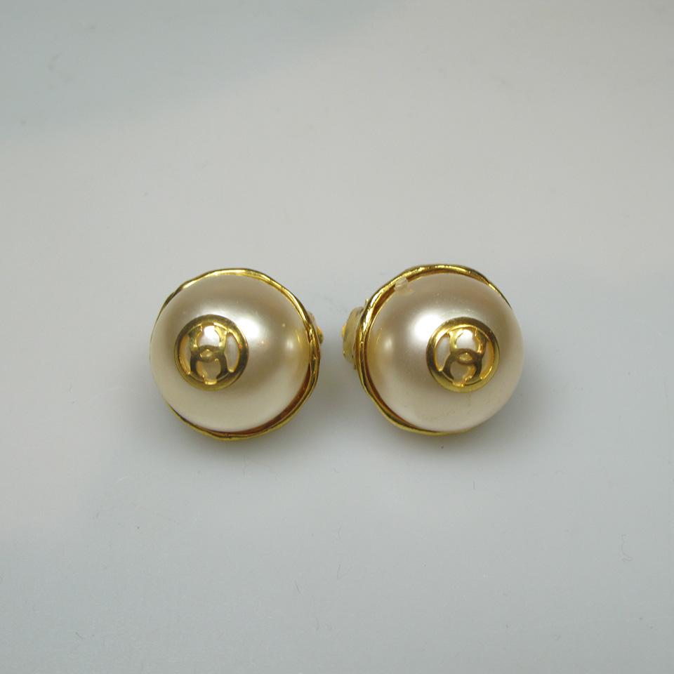 Pair Of Chanel French Gold Tone Metal Clip-Back Earrings