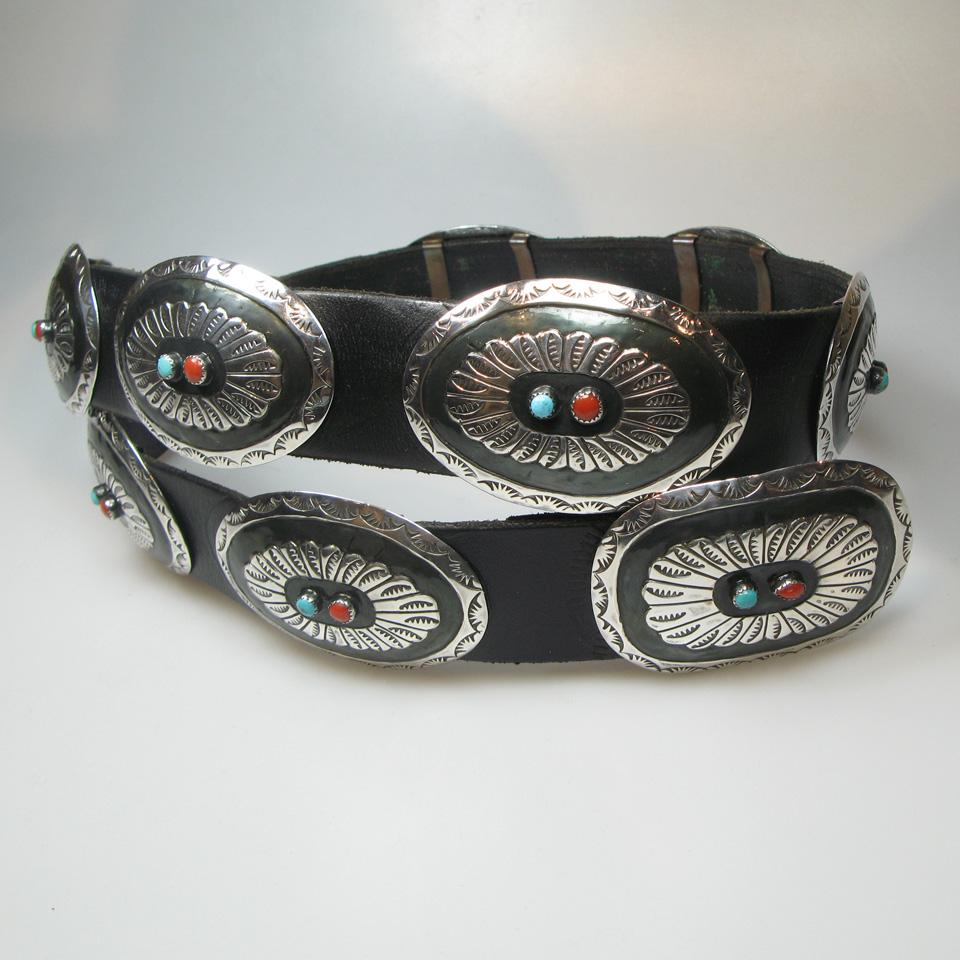 Navajo American Silver And Leather Belt