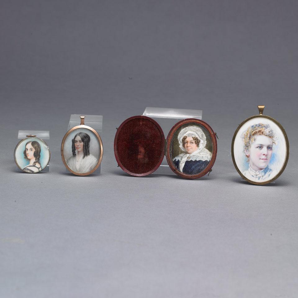Group of Four British School Portrait Miniatures of Ladies, 19th century