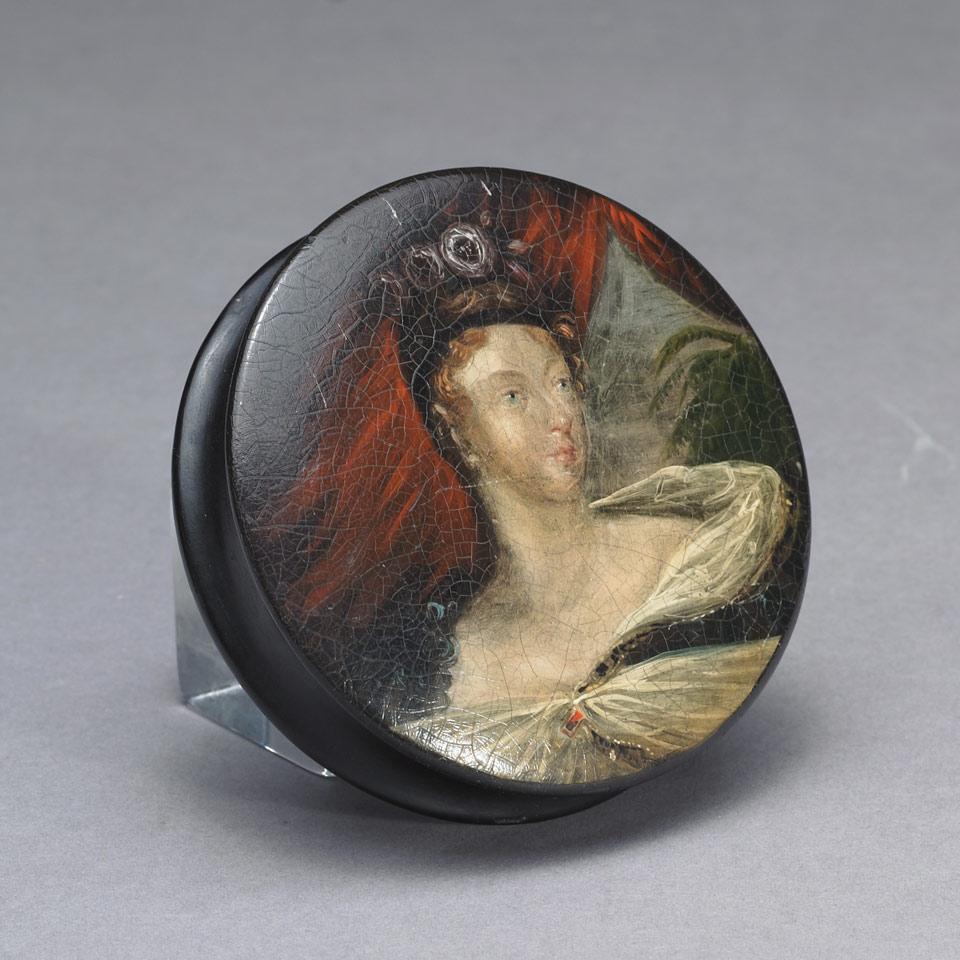 English Lacquered Snuff Box with Portrait Roundel of Princess Charlotte Augusta of Wales, early 19th century