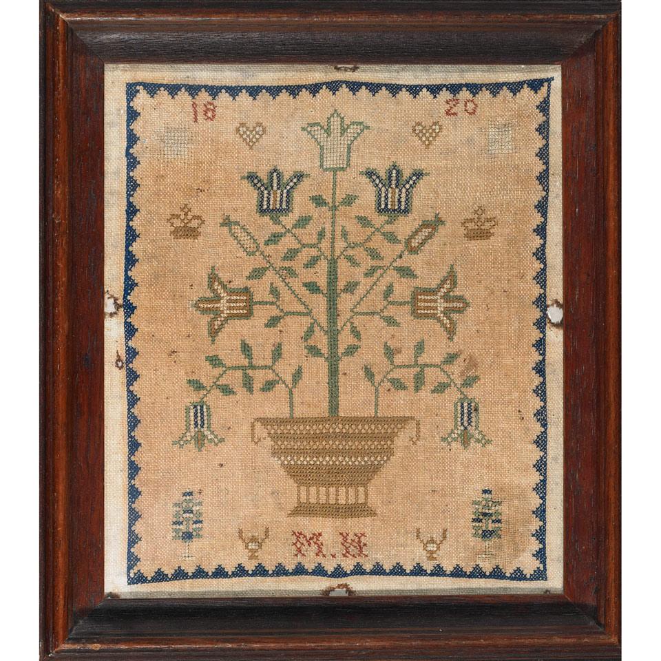 Pair of English Linen Pictorial Samplers, M.H., 1820