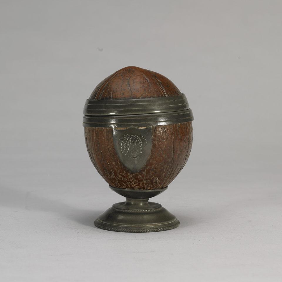English Pewter Mounted Coconut Shell Caddy, mid 18th century