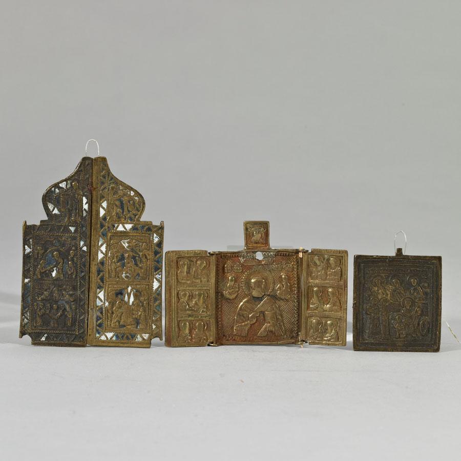Three Russian Bronze Traveling Icons, 18th/19th century