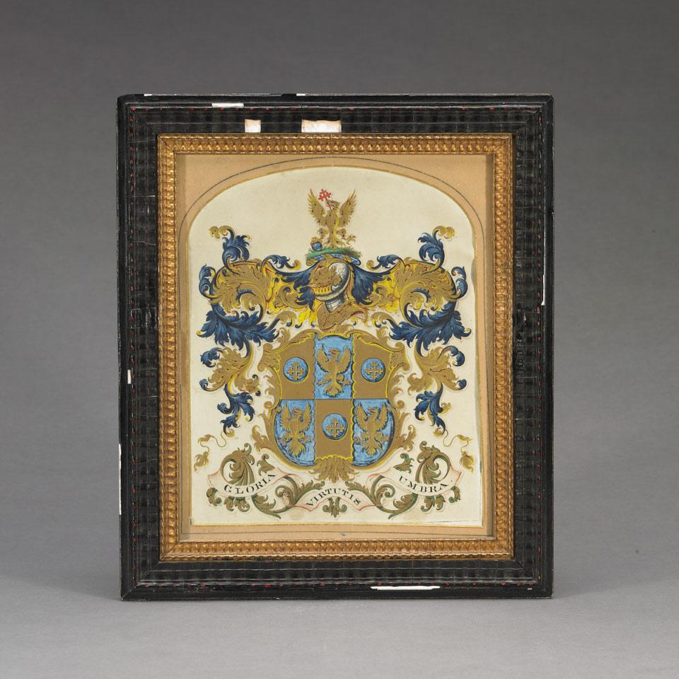 Continental Gauche and Gilt on Vellum Coat of Arms, early 19th century