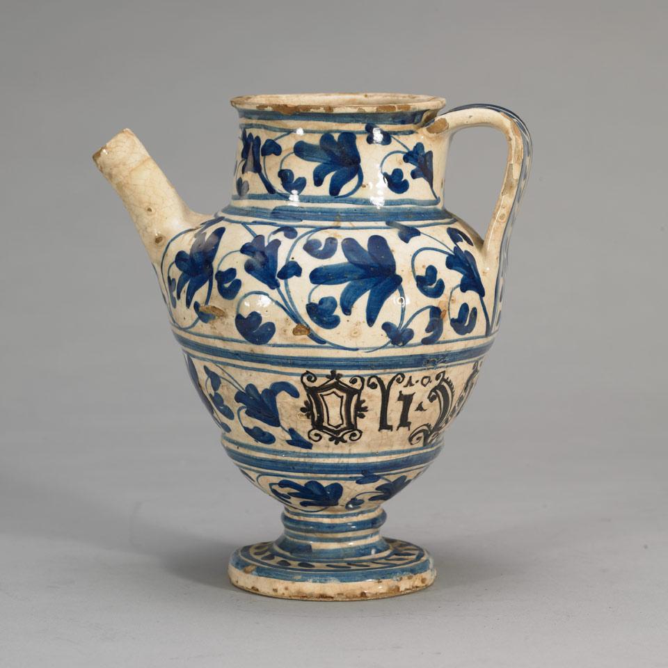 Italian Blue and White Majolica Apothecary Jug, late 17th/early 18th century