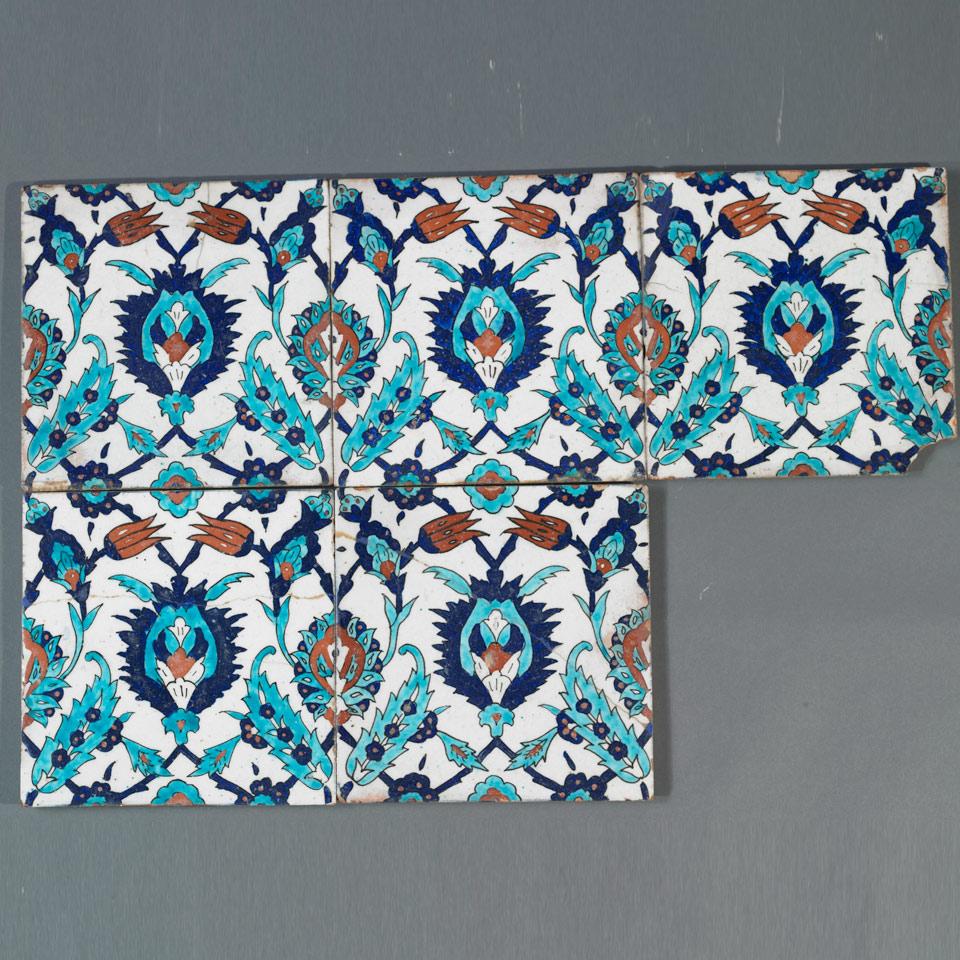 Five Isnik Pottery Tiles, Ottoman Empire, 19th century