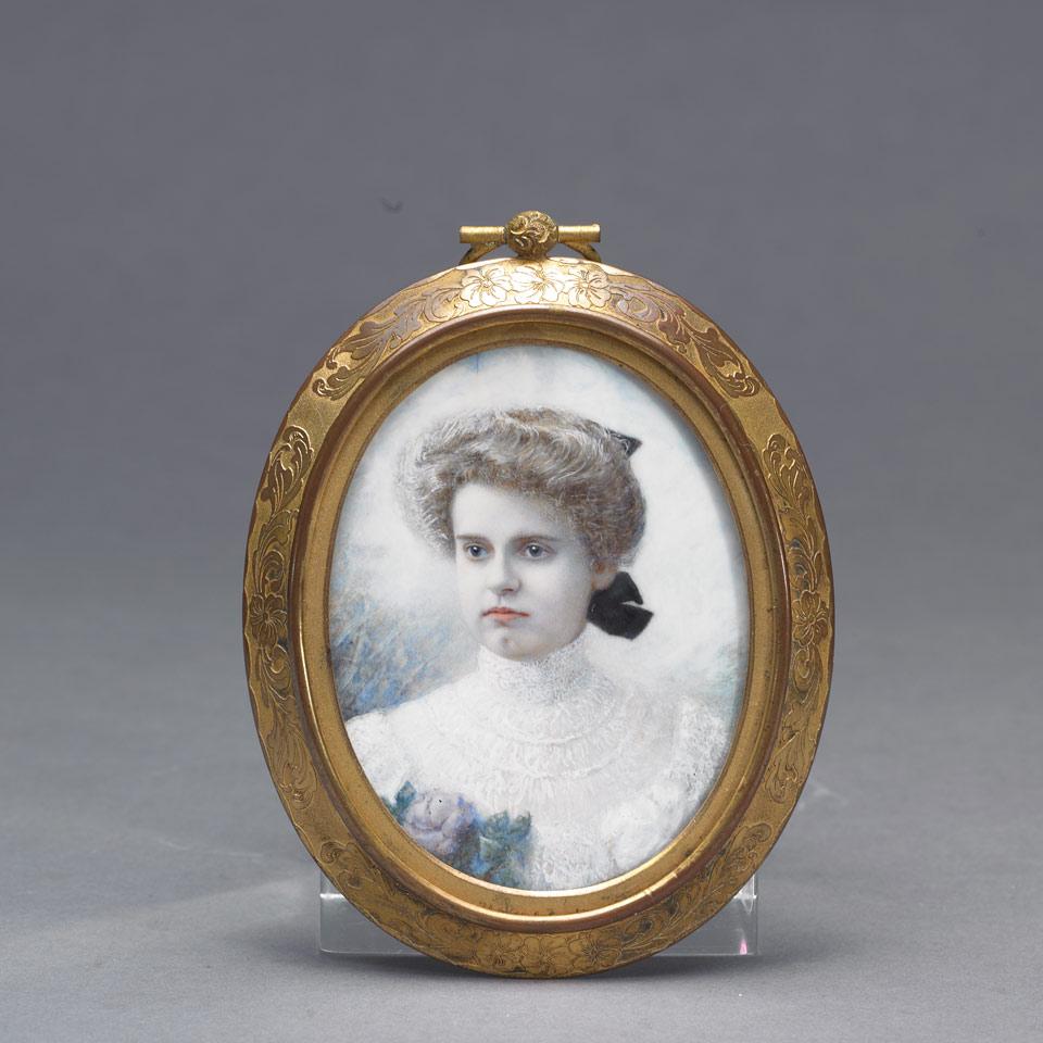 British School Oval Portrait Miniature of a Young Bride, 2nd half, 19th century