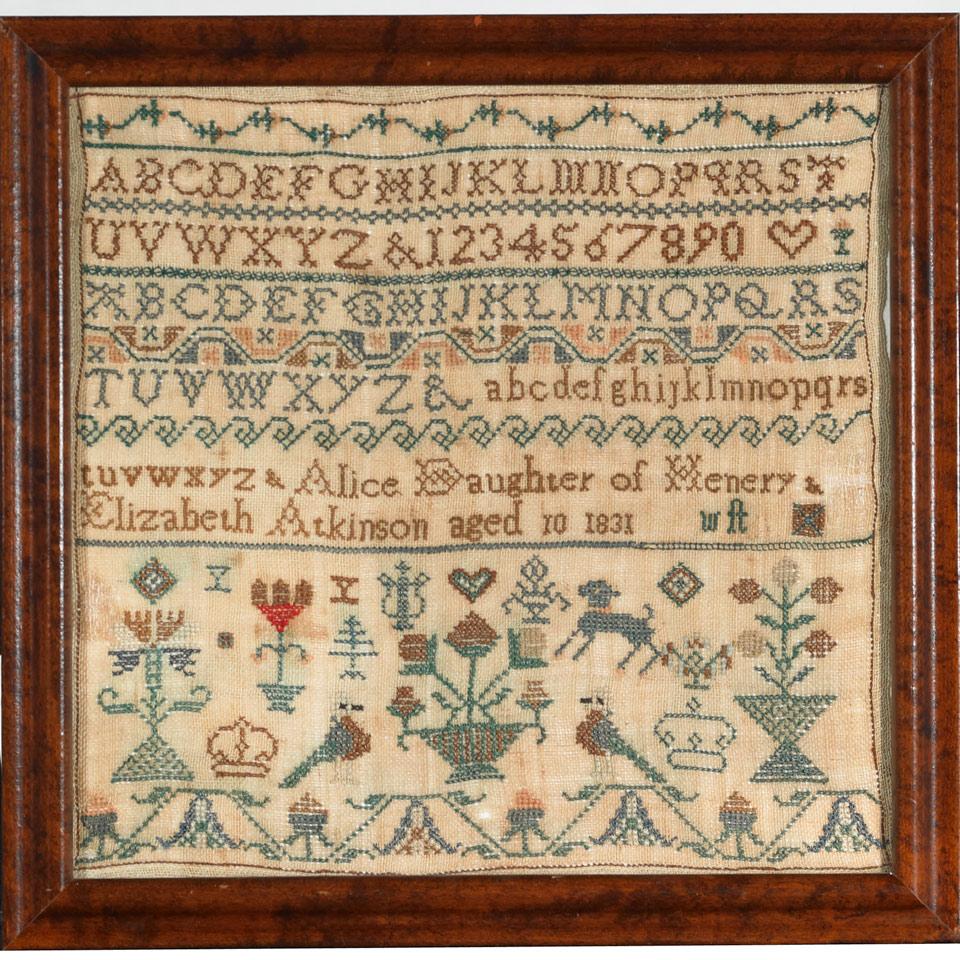 English Alphabet Sampler, Elizabeth Alice Daughter of Henery & Elizabeth Atkinson, aged 10, 1831