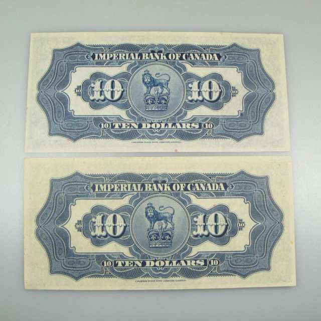 Two Imperial Bank Of Canada 1939 $10 Bank Notes