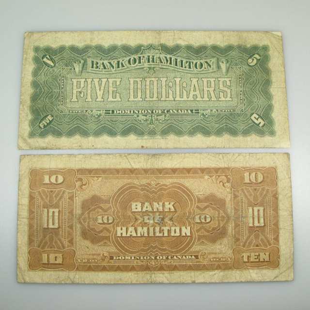 Two Bank Of Hamilton Bank Notes