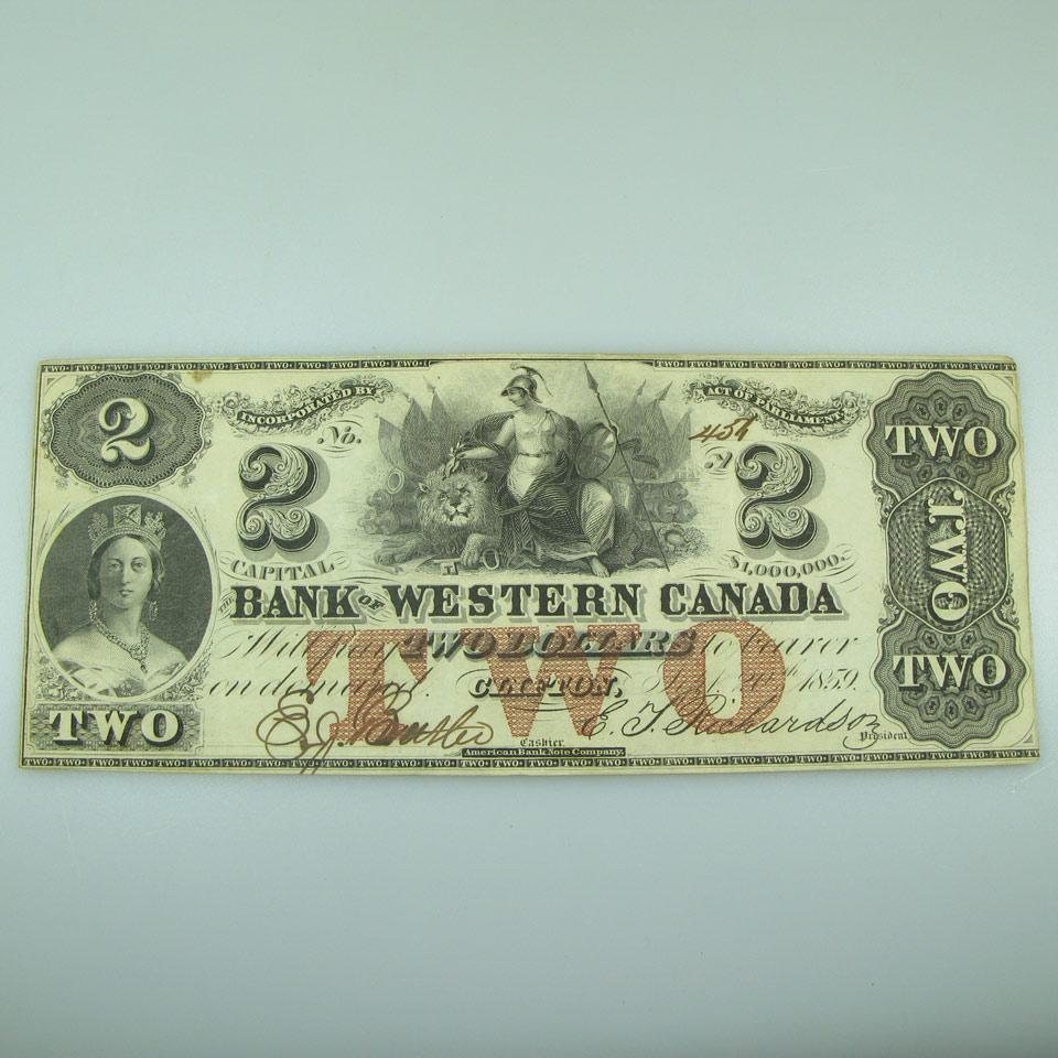 Bank Of Western Canada 1859 $2 Bank Note