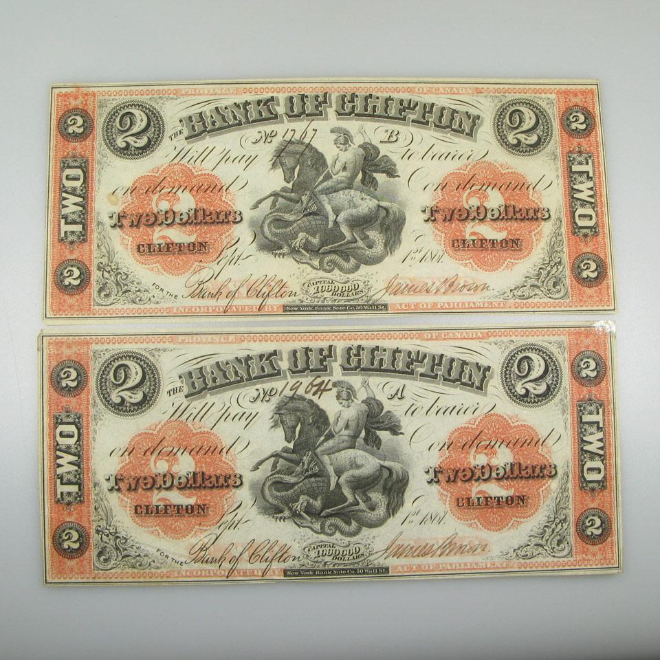 Two Bank Of Clifton 1861 $2 Bank Notes
