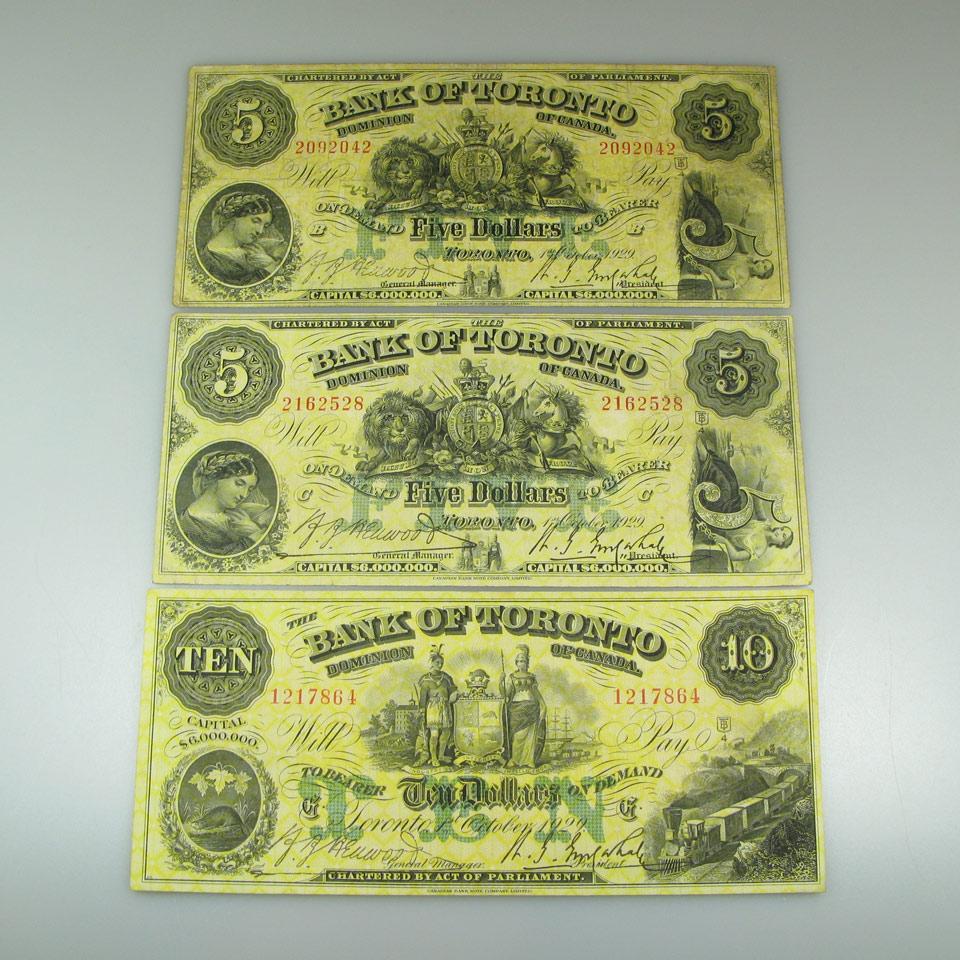 Three Bank Of Toronto 1929 $5 (2) & $10 (1) Bank Notes
