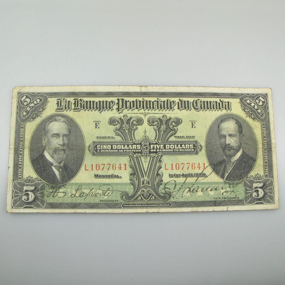 La Banque Provinciale Du Canada 1928 $5 Bank Note