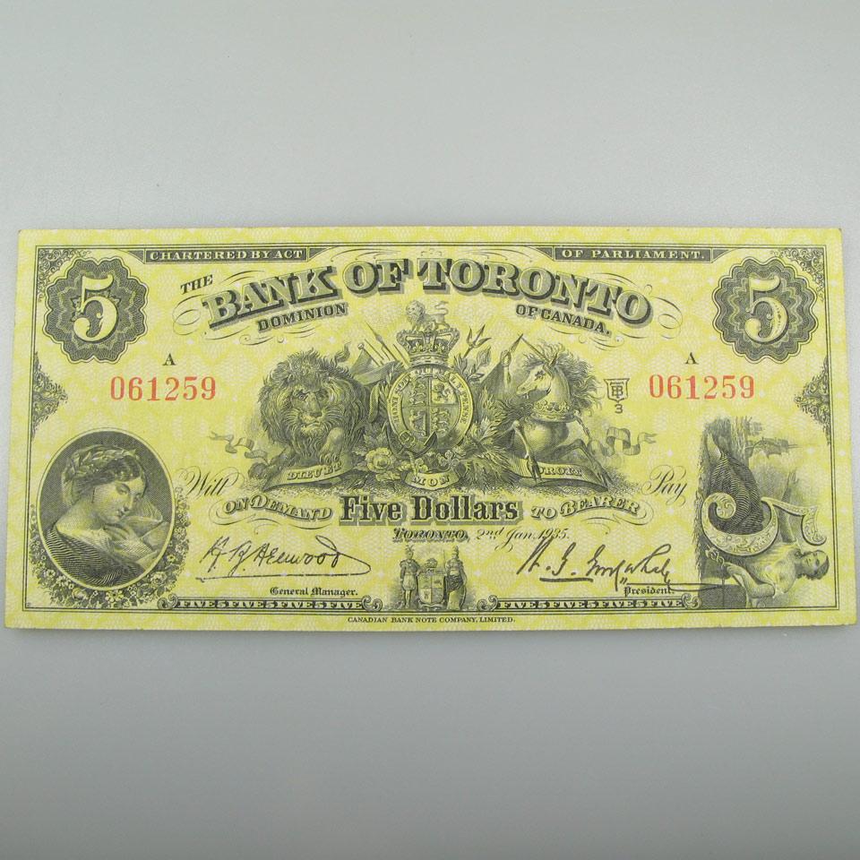 Bank Of Toronto 1935 $5 Bank Note