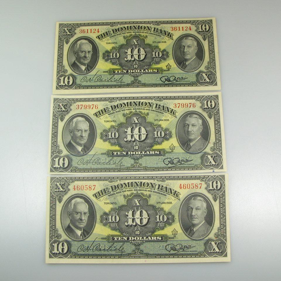 Three Dominion Bank 1938 $10 Bank Notes