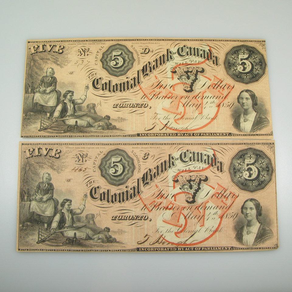Two Colonial Bank Of Canada 1859 $5 Bank Notes 