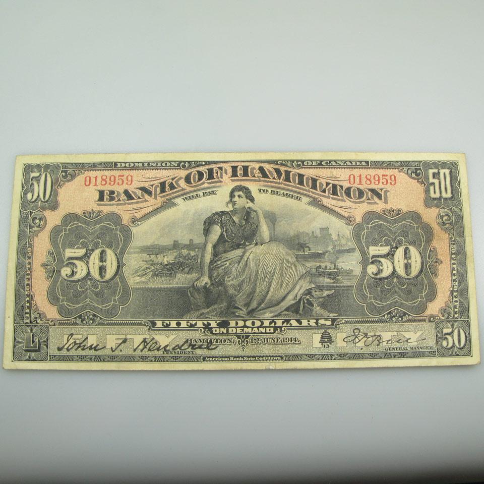 Bank Of Hamilton 1914 $50 Bank Notes