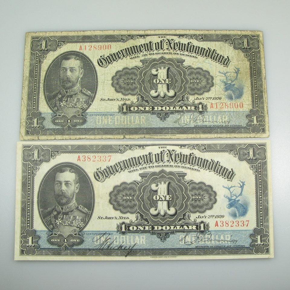 Two Government Of Newfoundland 1920 $1 Bank Notes