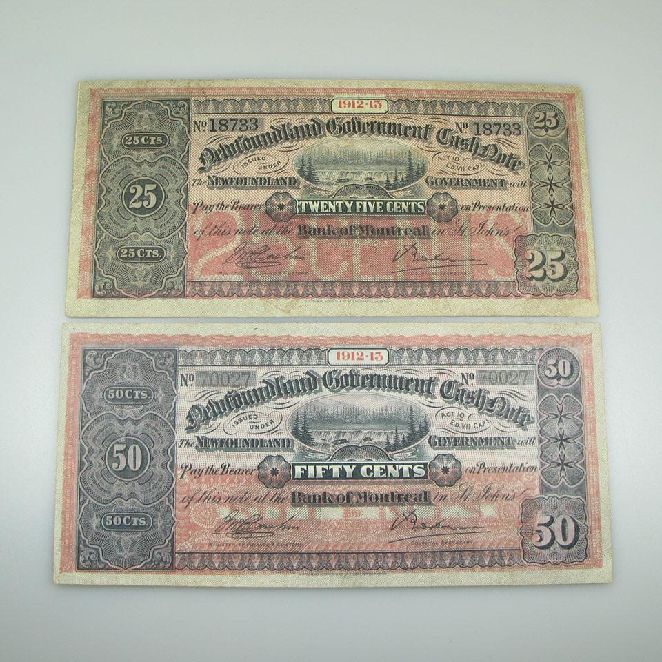 Two Newfoundland Government 1912-1913 Cash Notes