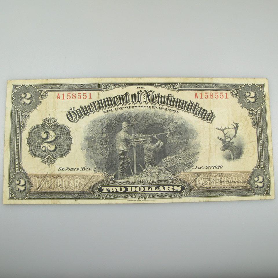 Government Of Newfoundland 1920 $2 Bank Note