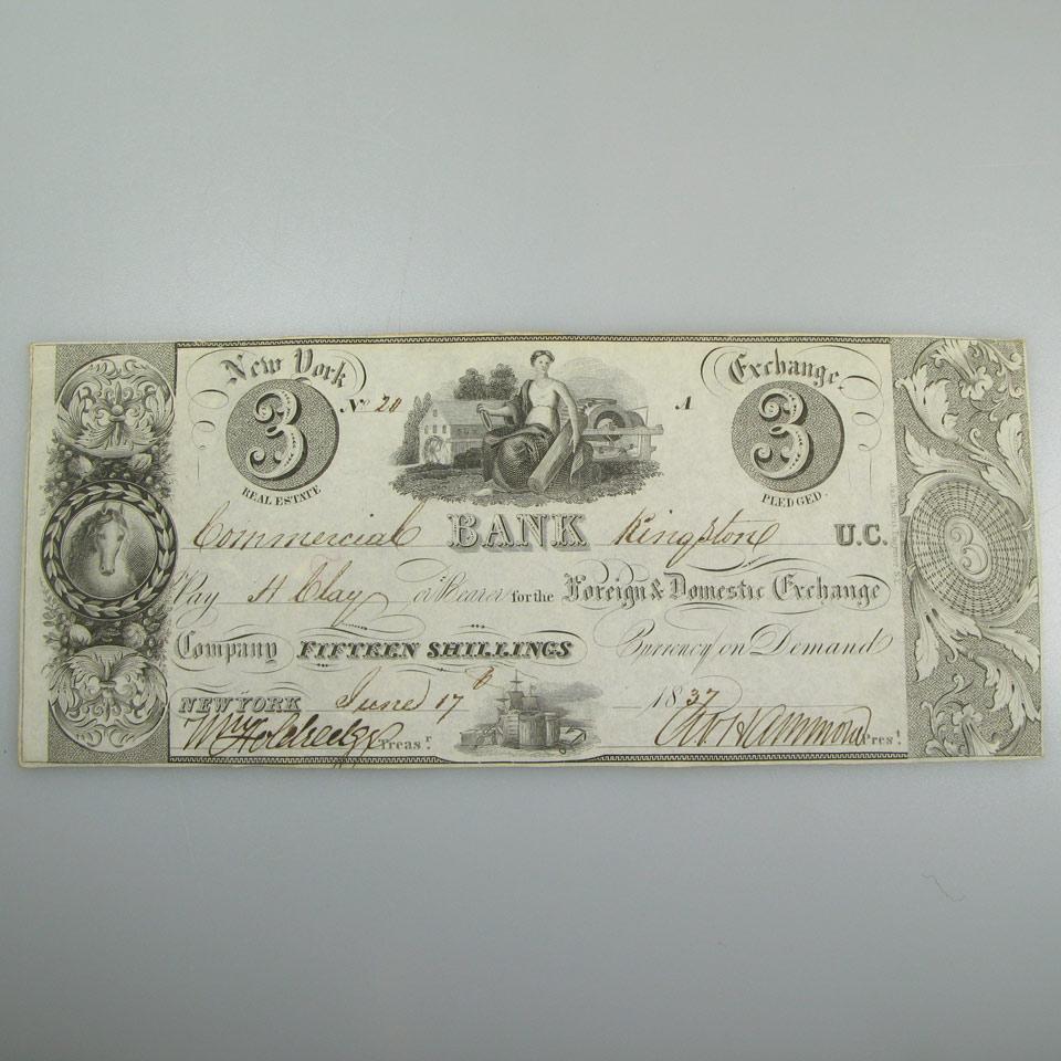 Commercial Bank, Kingston, Upper Canada 1837 $3 (15 Shilling) Bank Note