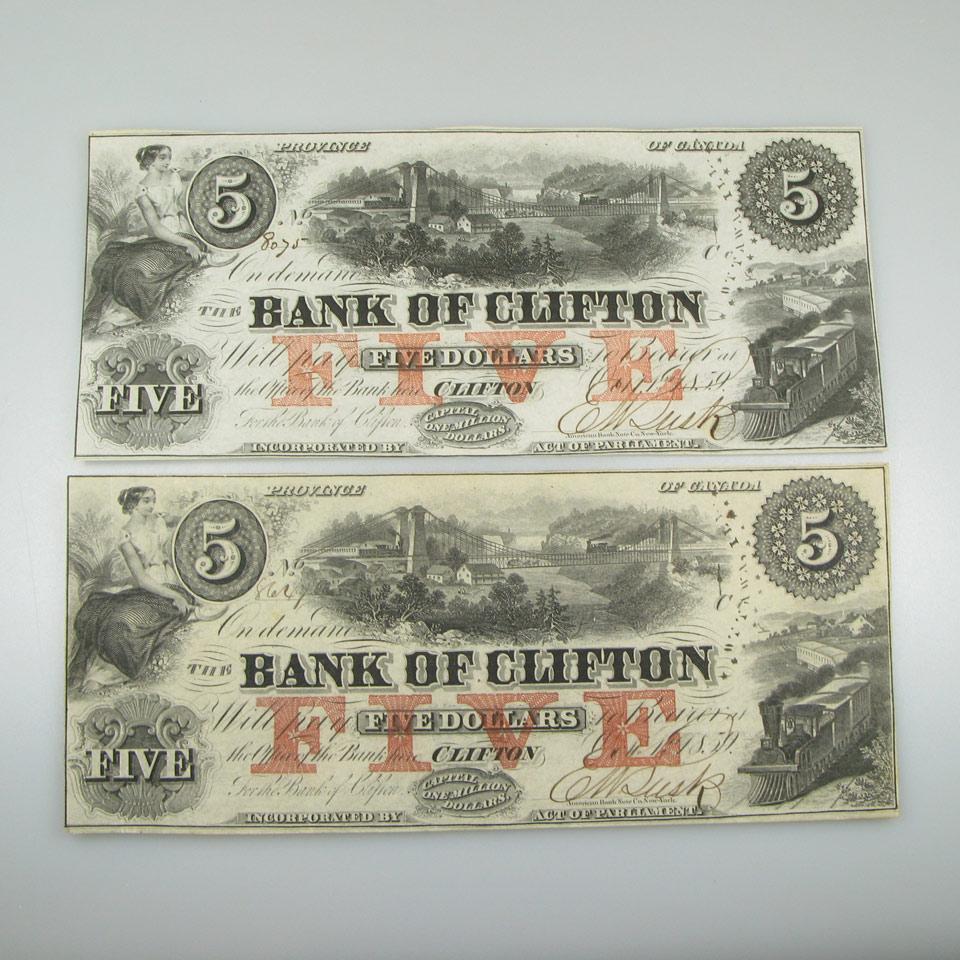 Two Bank Of Clifton 1859 $5 Bank Notes