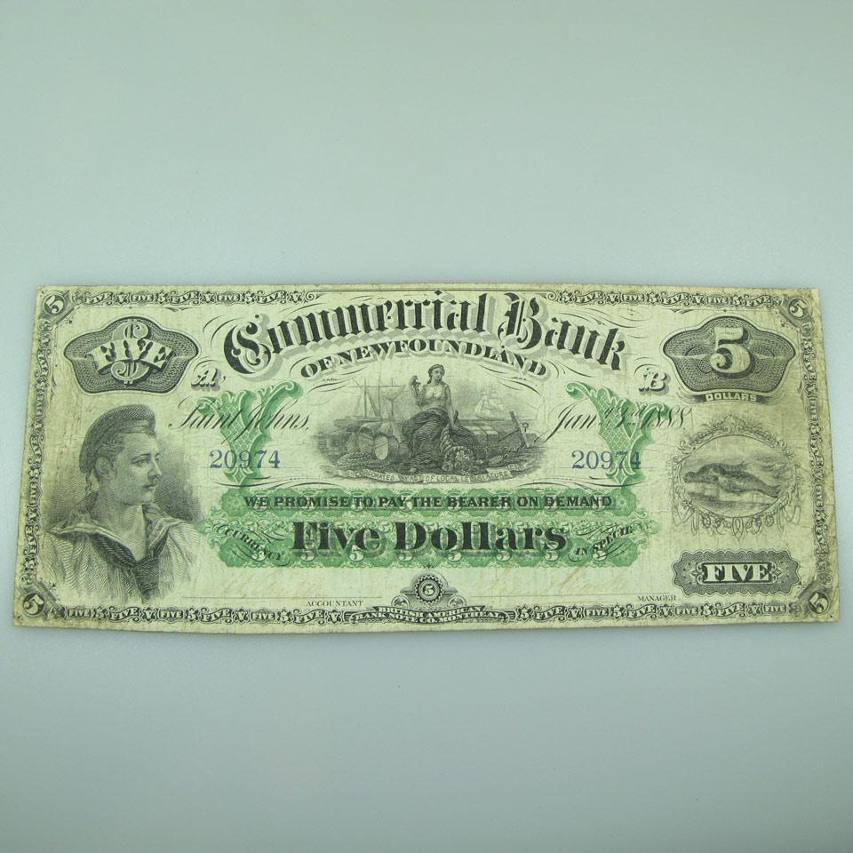 Commercial Bank Of Newfoundland 1888 $5 Bank Note