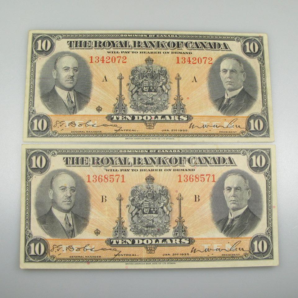 Two Royal Bank Of Canada 1935 $10 Bank Notes