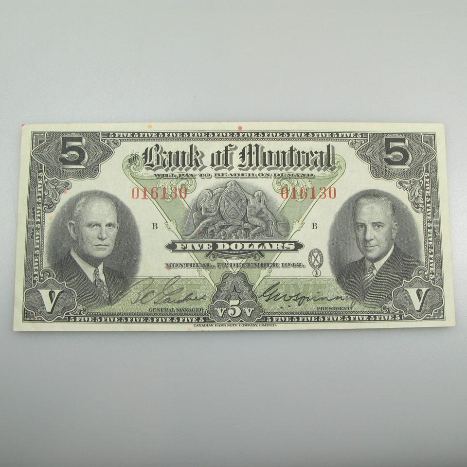 Bank Of Montreal 1942 $5 Bank Note