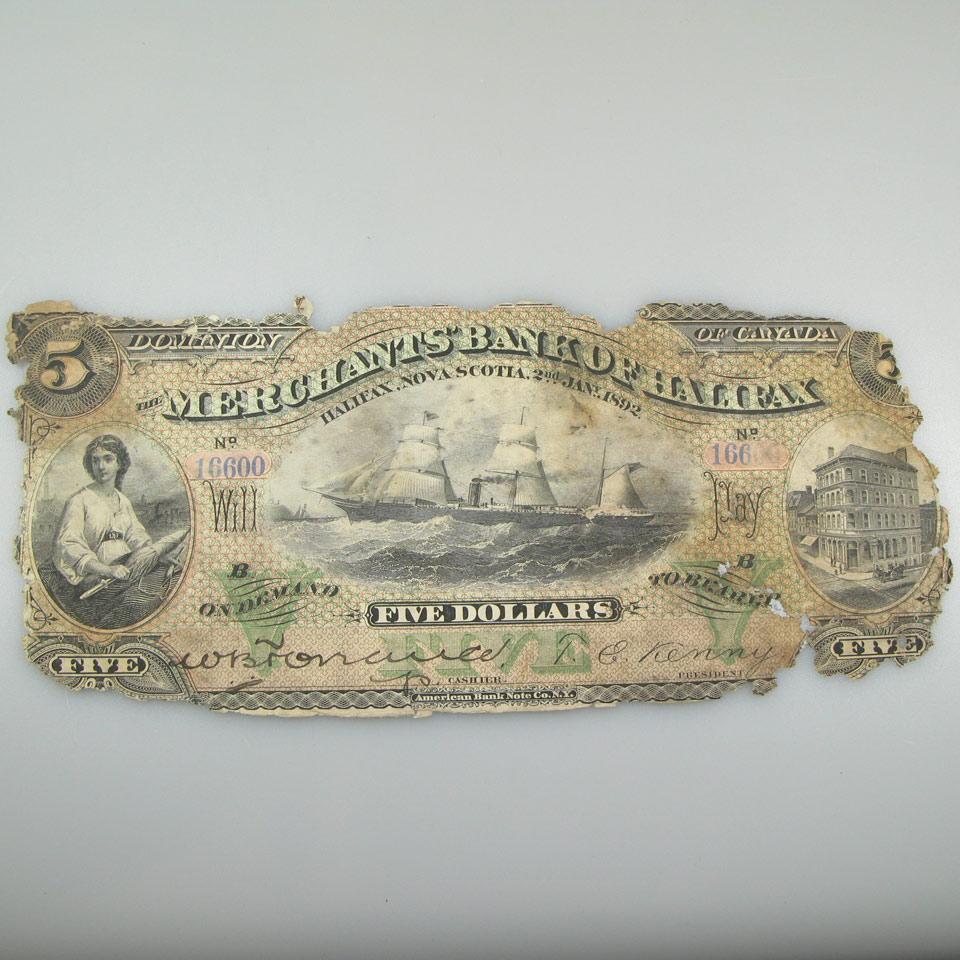 Merchant’s Bank Of Halifax 1892 $5 Bank Note
