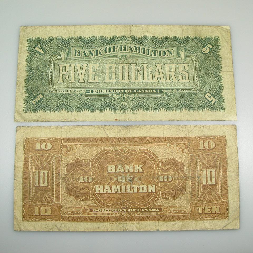 Two Bank Of Hamilton Bank Notes