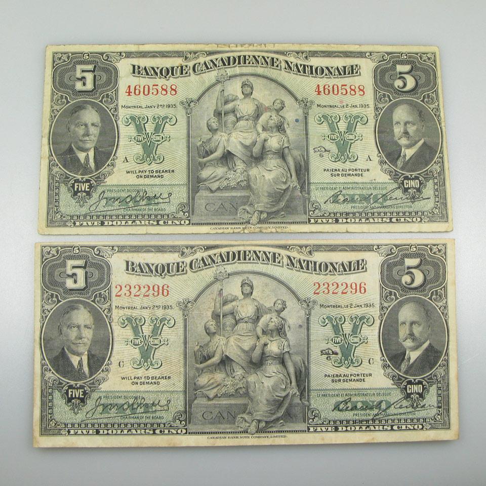 Two Banque Canadienne Nationale 1935 $5 Bank Notes
