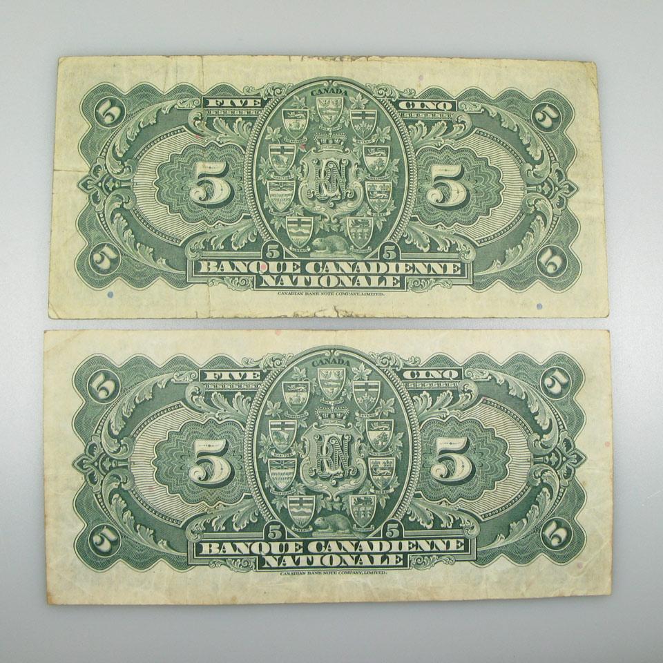Two Banque Canadienne Nationale 1935 $5 Bank Notes