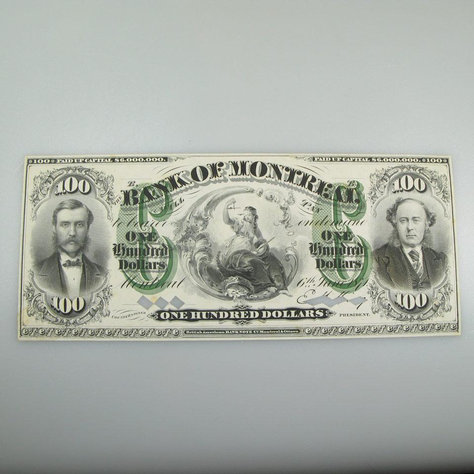 Bank Of Montreal 1871 $100 Bank Note
