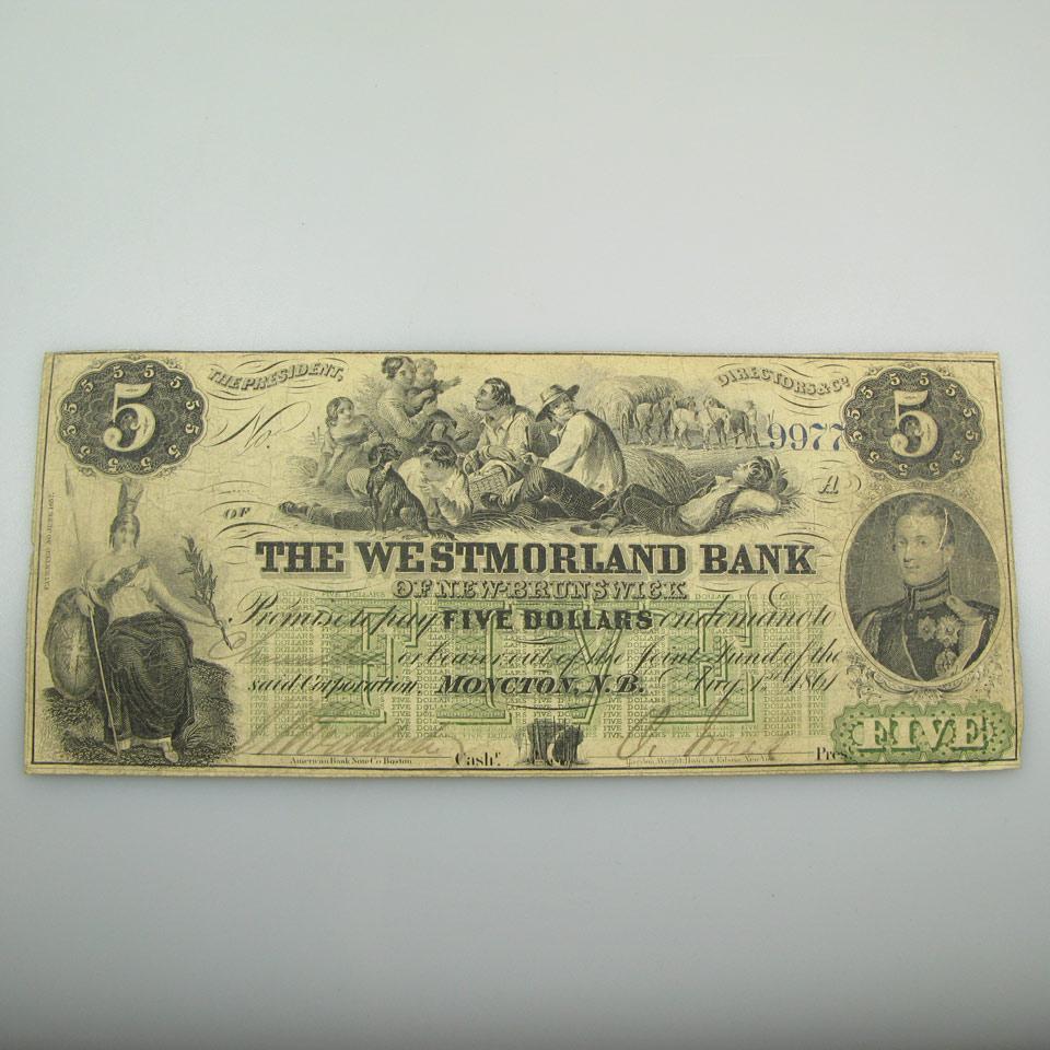 Westmorland Bank 1861 $5 Bank Note