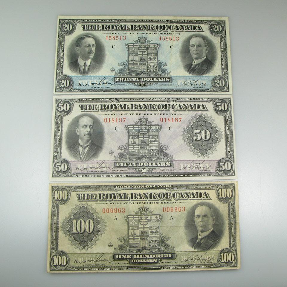 Three Royal Bank Of Canada 1927 Bank Notes