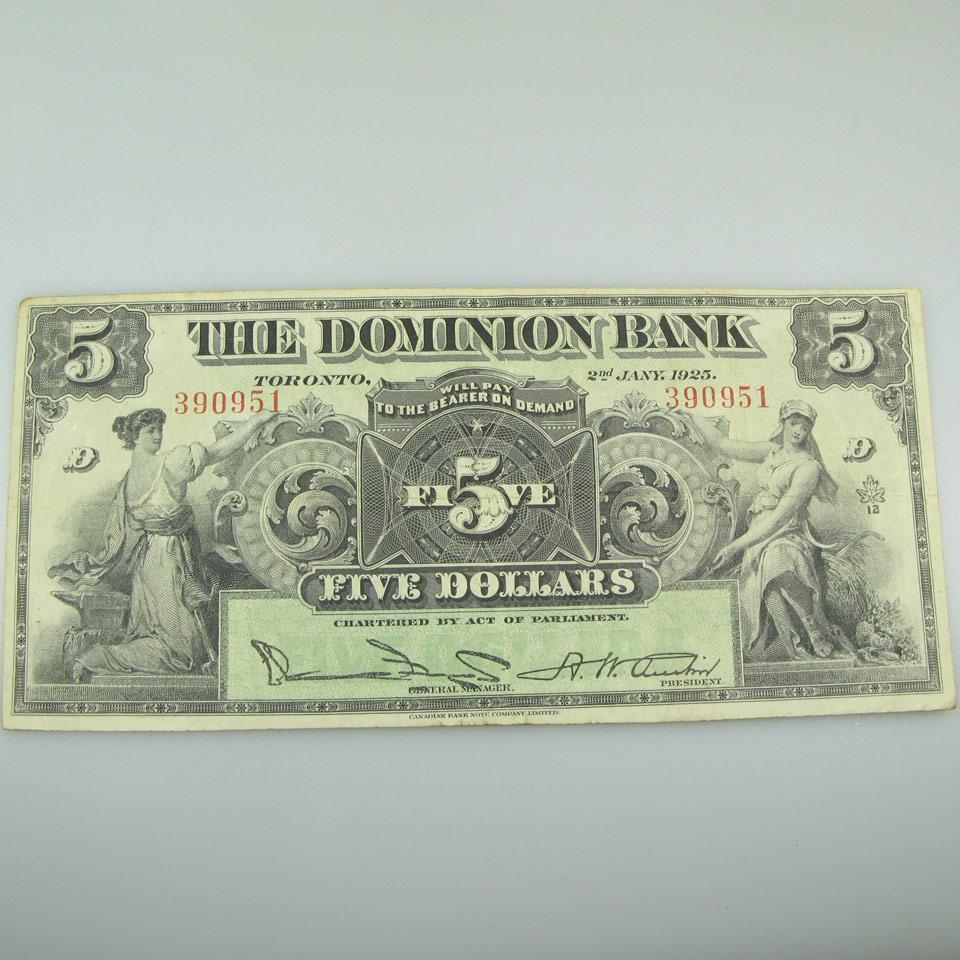 Dominion Bank 1925 $5 Bank Note