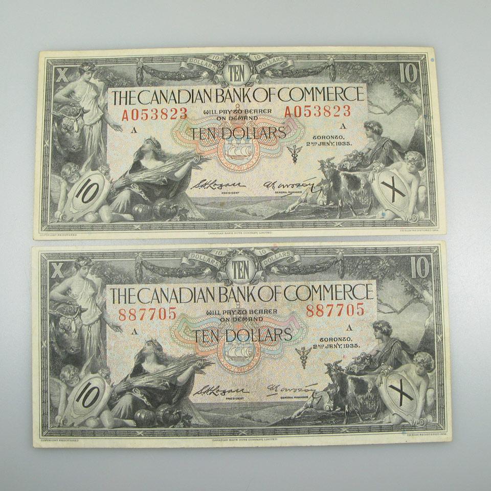 Two Canadian Bank Of Commerce 1935 $10 Bank Notes