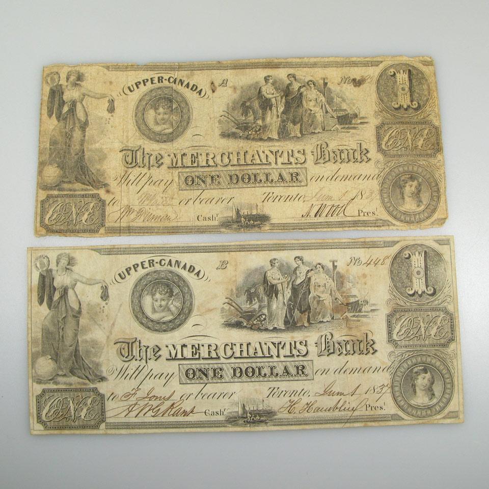 Two Merchant’s Bank Of Upper Canada 1837 $1 Bank Notes