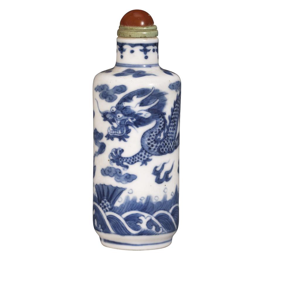 Blue and White Porcelain Dragon Snuff Bottle, 19th Century