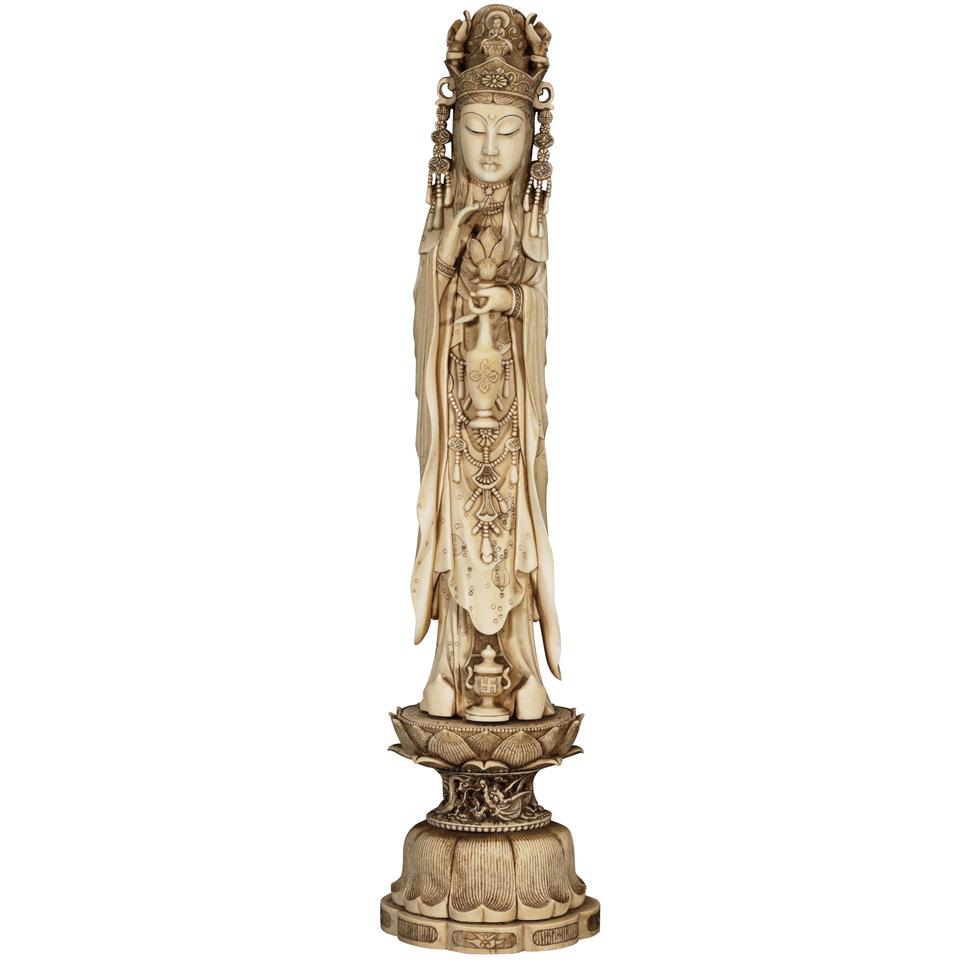 Ivory Carved Figure of Kannon, Signed Unzan, Circa 1900