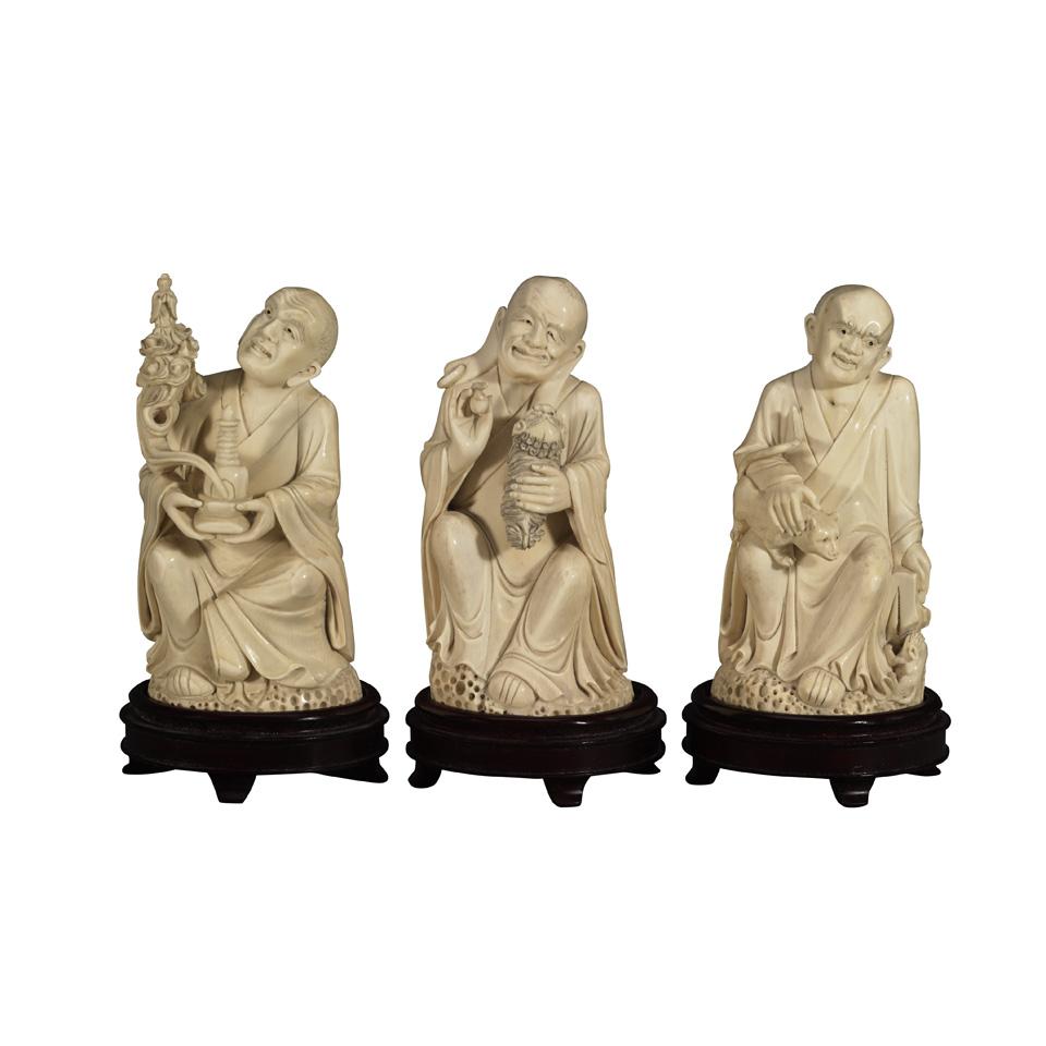 Group of Three Ivory Carved Lohan