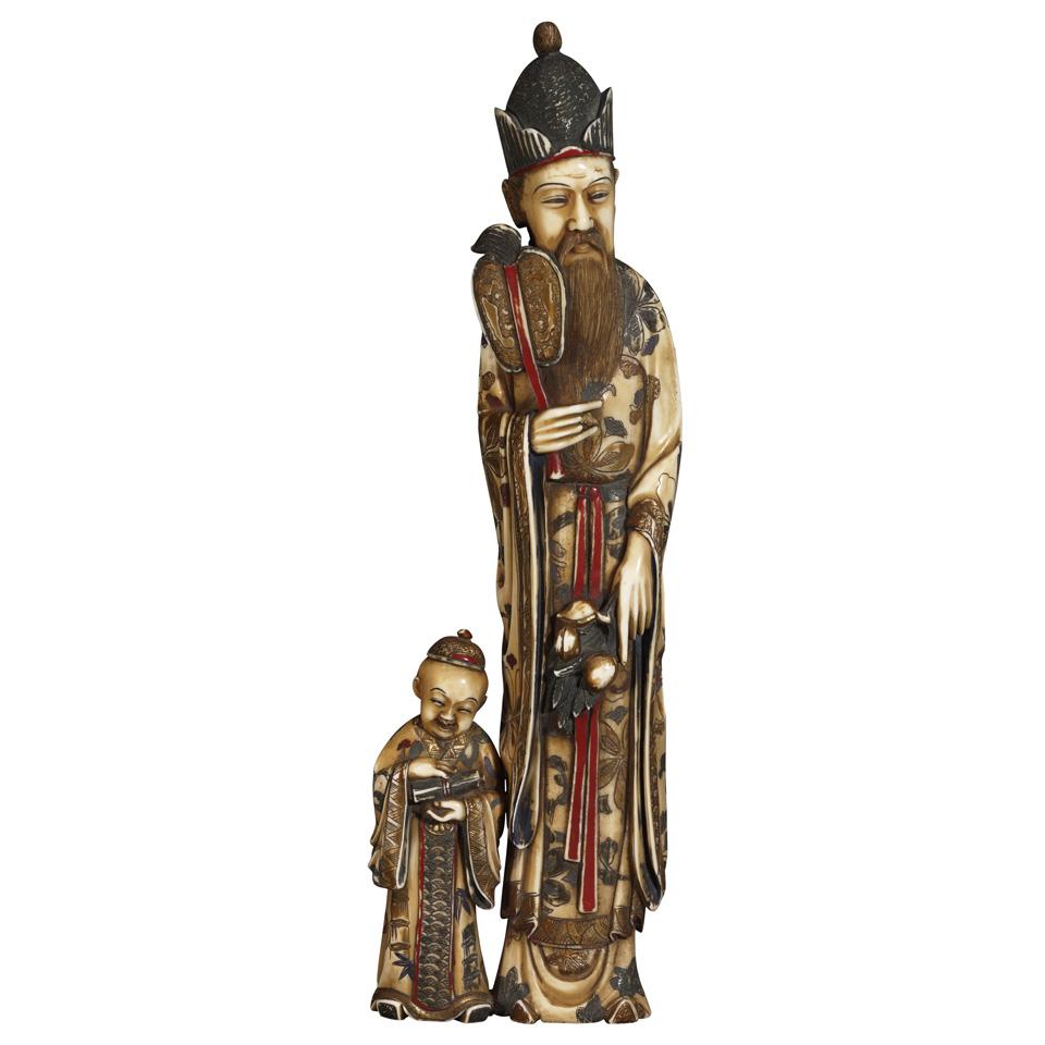 Tinted Ivory Okimono of an Immortal and Attendant, 19th Century